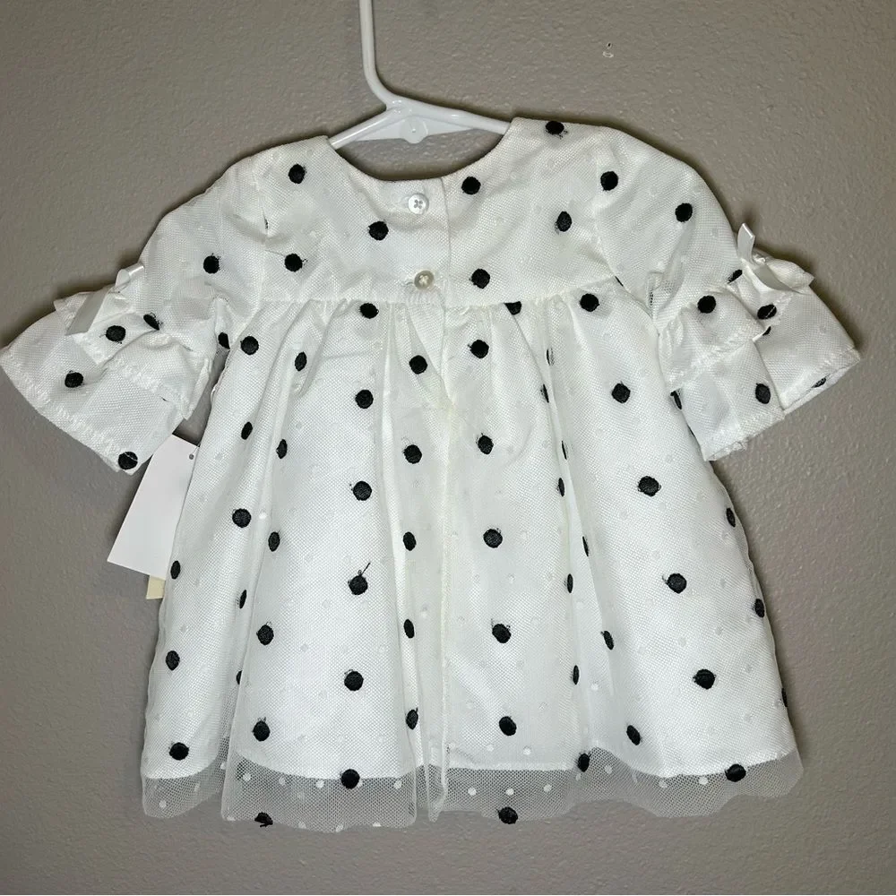 NEW Laura Ashley Infant White Black Polka Dot Dress Baby Girl’s Size 3-6 Months